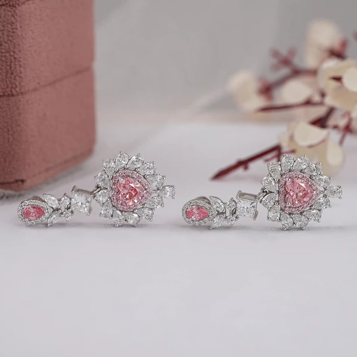 Pink Heart Lab Diamond Double Halo Drop Earrings