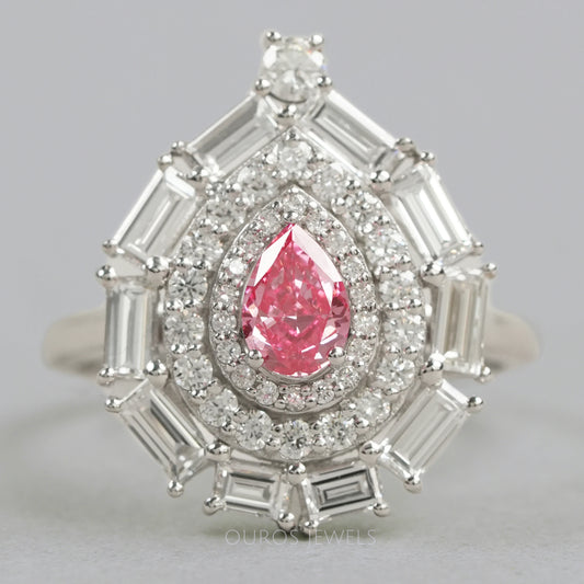 Baguette And Round Double Halo Diamond Ring