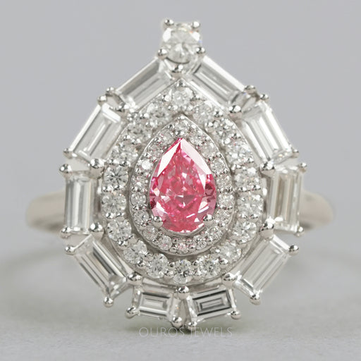 pink pear with baguette and round diamond double halo wedding ring's front view