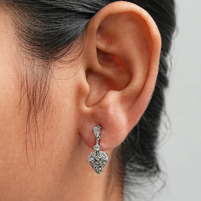 Olive Round Diamond Cluster Drop Earrings