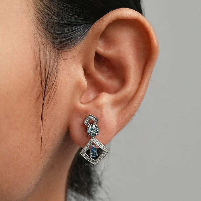 Blue Pear And Round Lab Diamond Drop Earrings