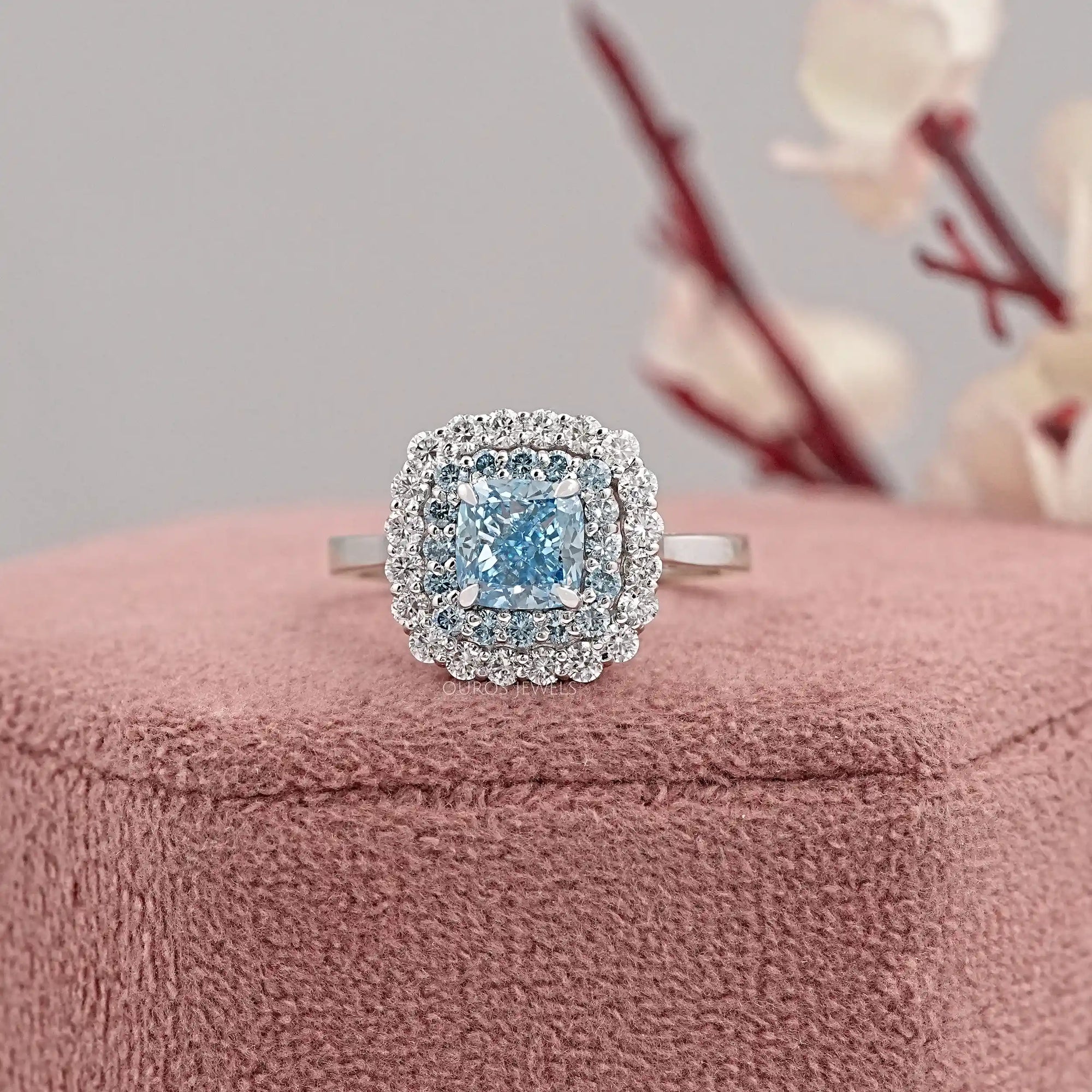 Blue Cushion Cut Lab Diamond Double Halo Ring Ring