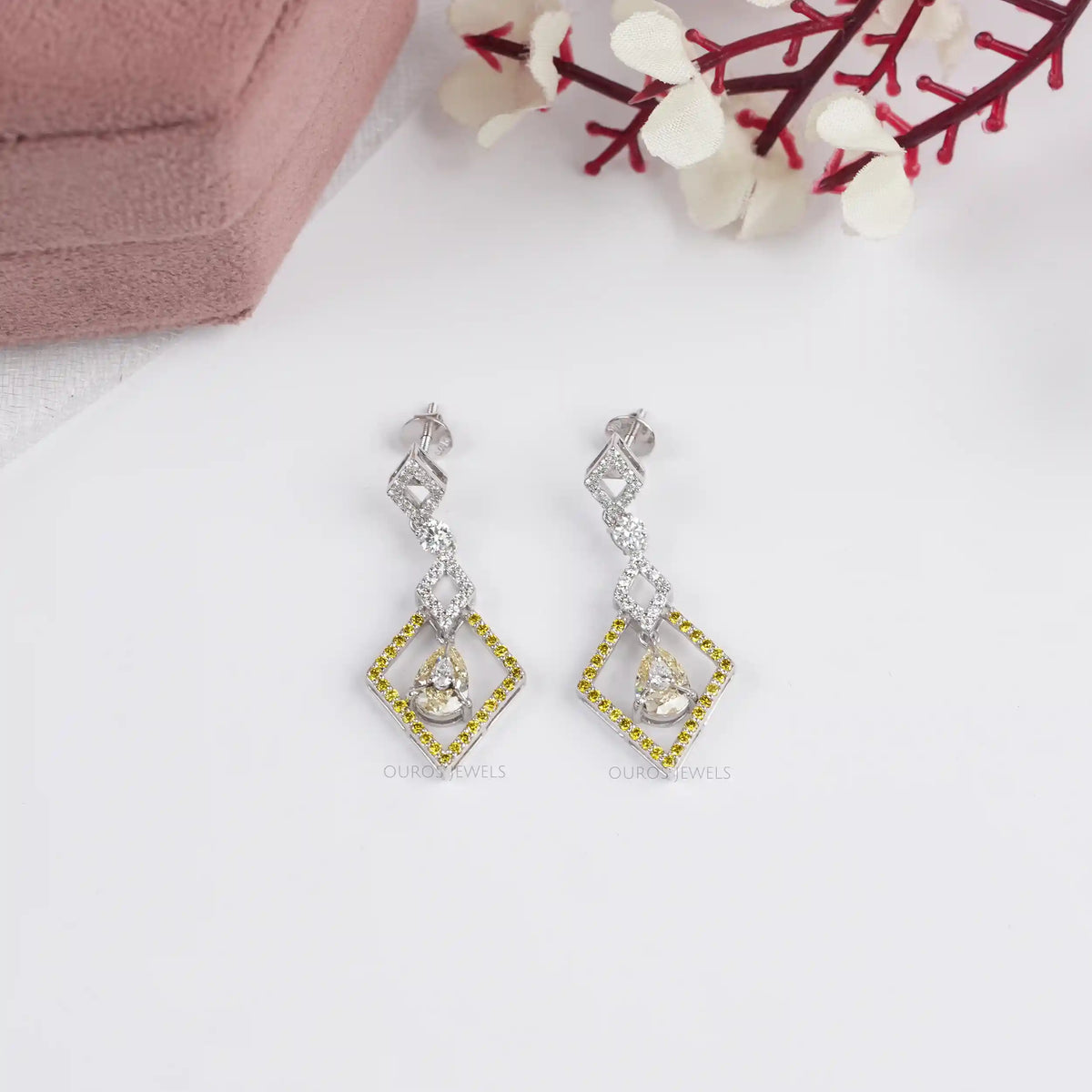 Kite Shape Yellow Pear Diamond Dangle Earrings Earrings