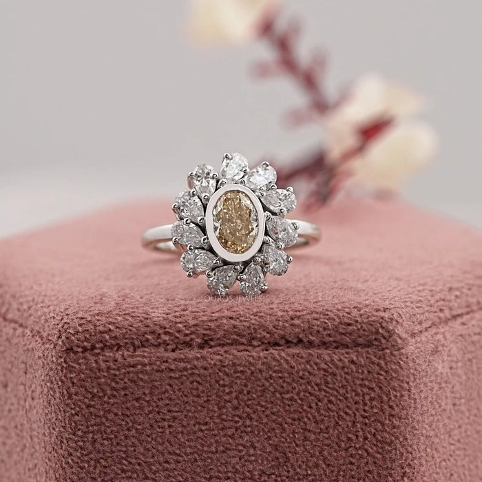 Yellow Oval Cut Bezel Set Lab Diamond Halo Ring