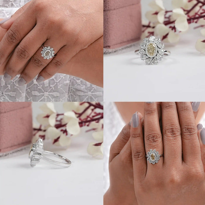 Yellow Oval Cut Bezel Set Lab Diamond Halo Ring