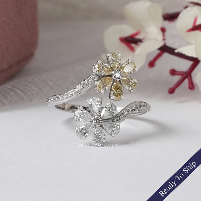 Yellow Pear Shape Lab Diamond Flower Style Bypass Ring