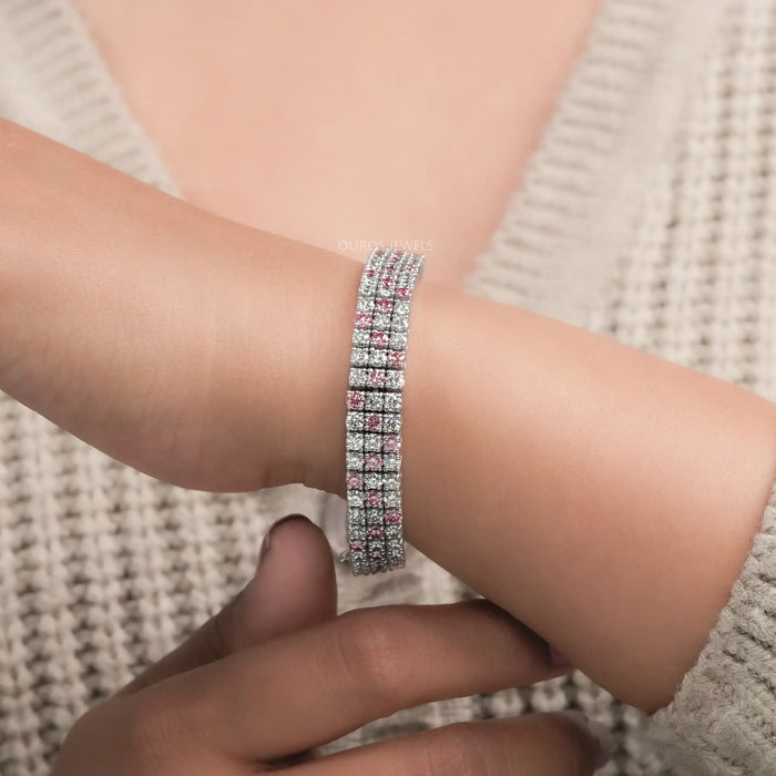 Three Row Pink Round Diamond Tennis Bracelet