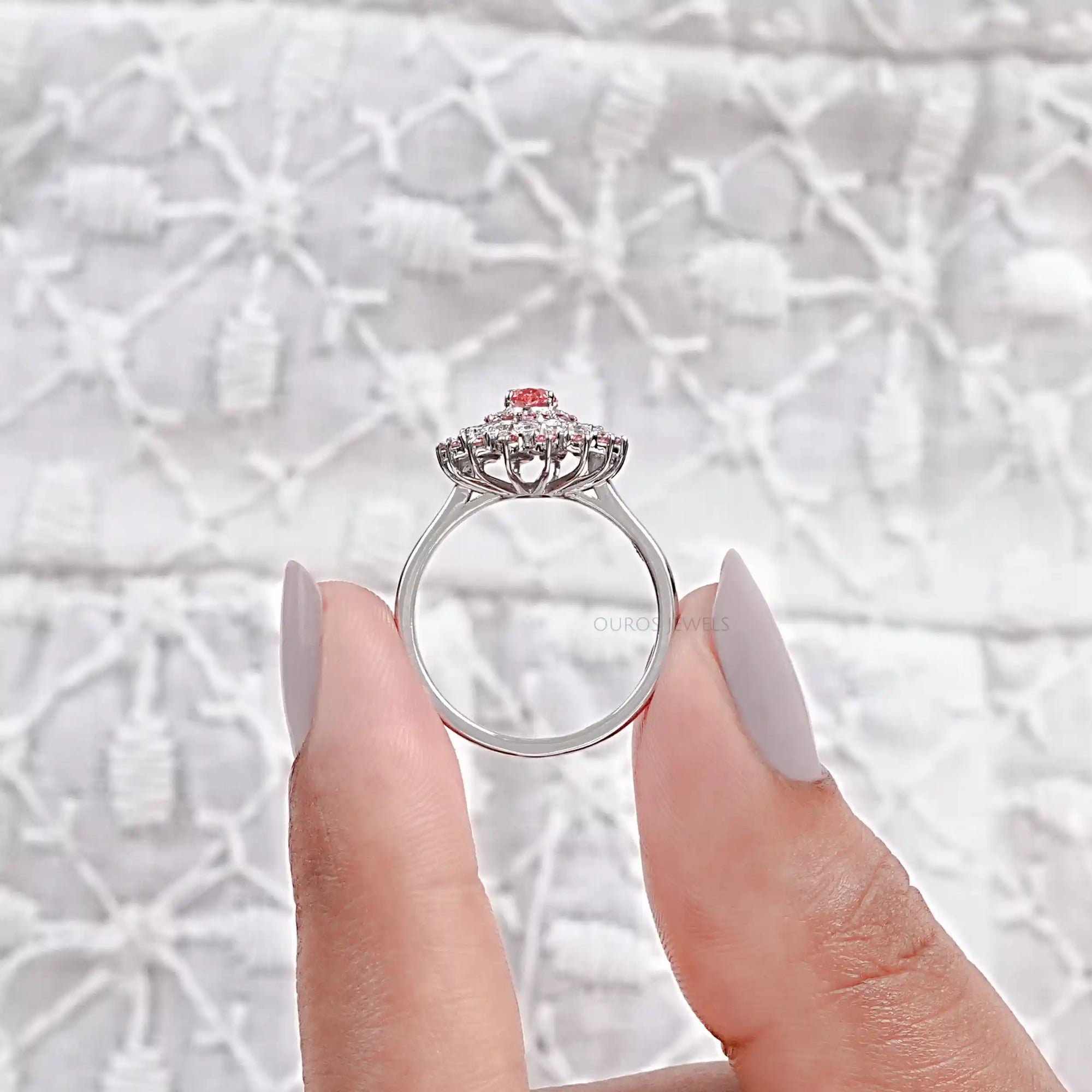 Pink Oval Cut Lab Diamond Double Halo Engagement Ring Ring