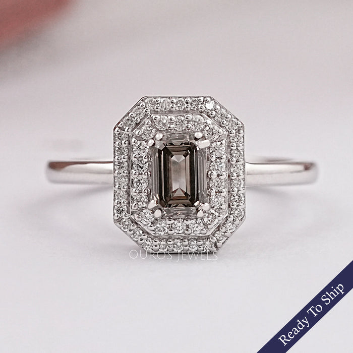 Olive Emerald Cut Lab Diamond Double Halo Engagement Ring