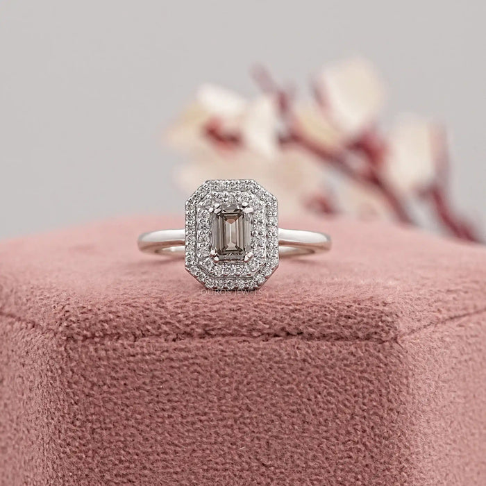 Olive Emerald Cut Lab Diamond Double Halo Engagement Ring