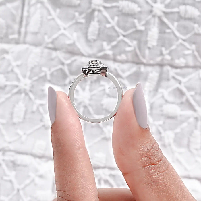 Olive Emerald Cut Lab Diamond Double Halo Engagement Ring