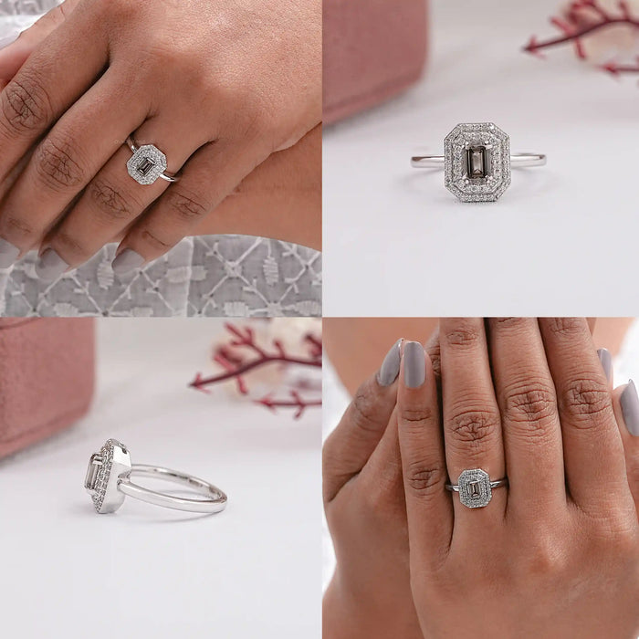 Olive Emerald Cut Lab Diamond Double Halo Engagement Ring