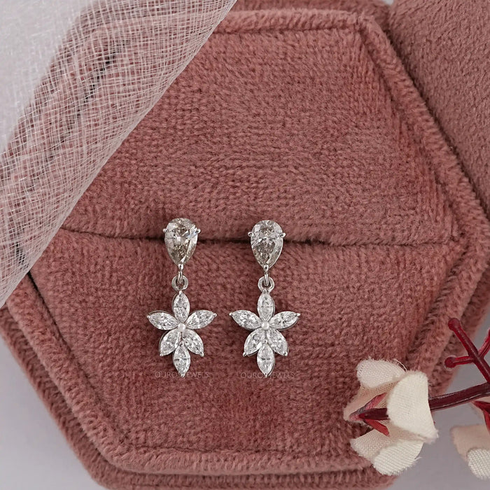 Olive Pear Lab Diamond Floral Drop Earrings
