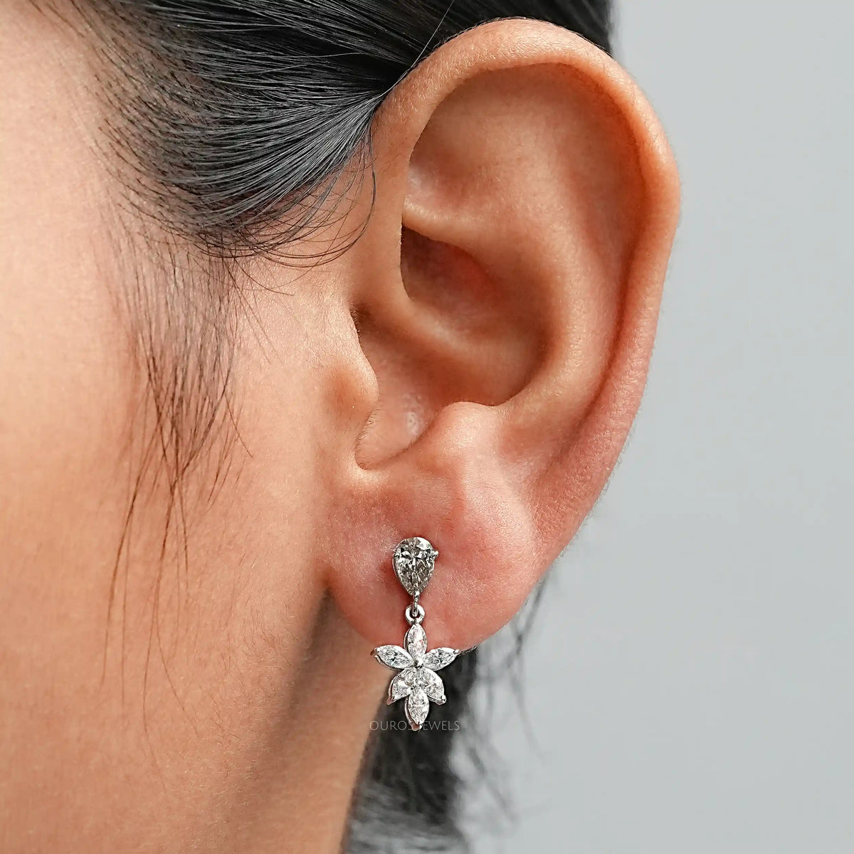 Olive Pear Lab Diamond Floral Drop Earrings Earrings