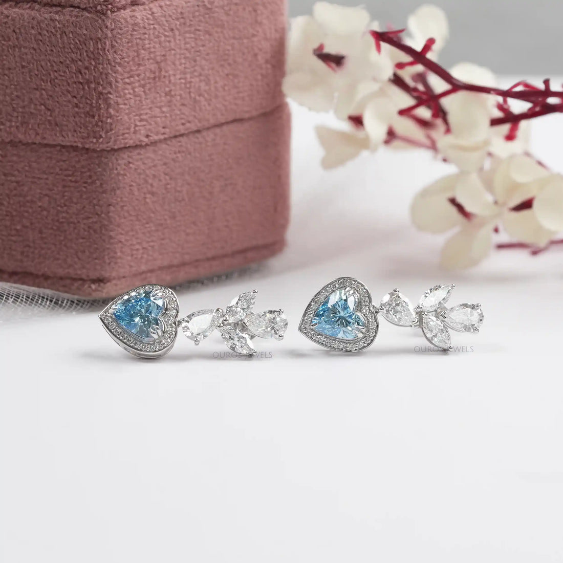Blue Heart Lab Diamond Halo Drop Earrings Earrings