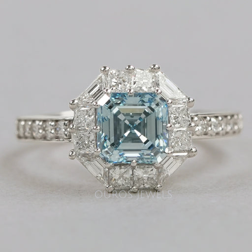 front view of fancy blue asscher-cut lab diamond halo colored engagement ring