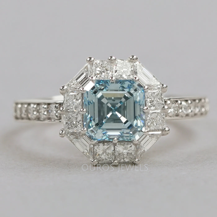 Fancy Blue Asscher Cut Halo With Accent Lab Diamond Ring 