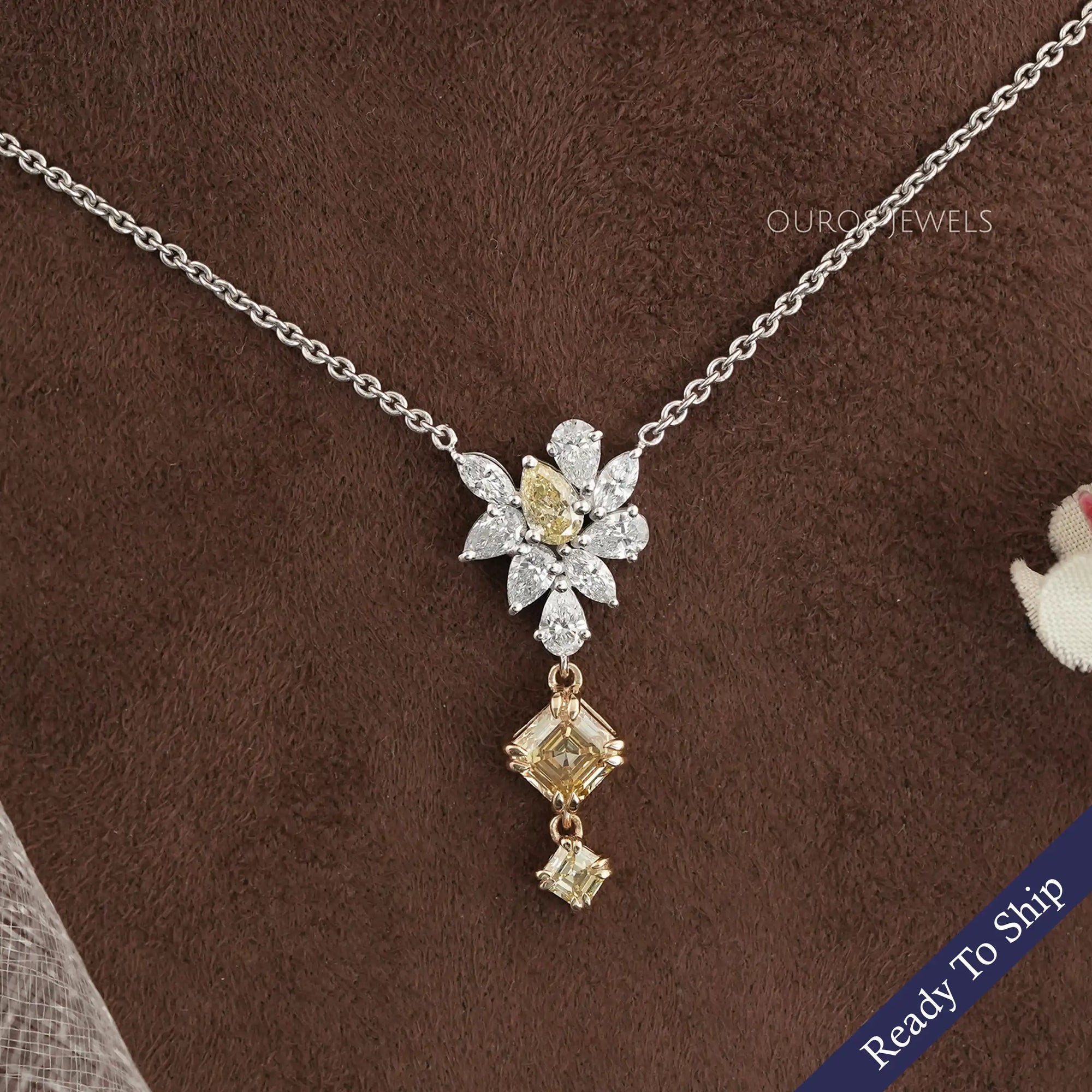 Yellow Asscher And Pear Diamond Cluster Pendant Necklaces