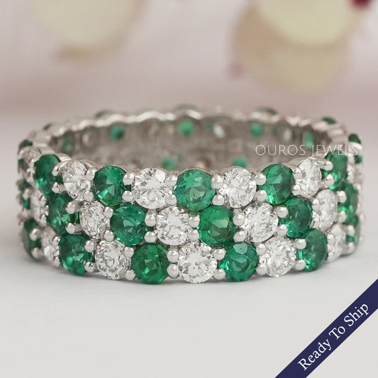 Three Row Emerald Gem And Diamond Wedding Band