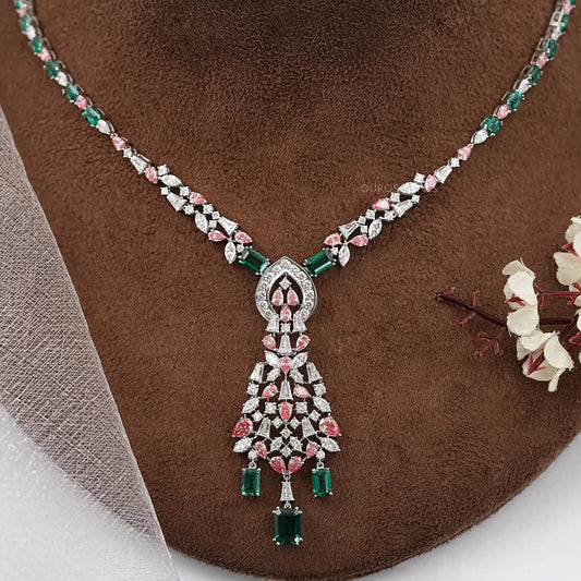 Green Emerald & Pink Pear Diamond Wedding Necklace