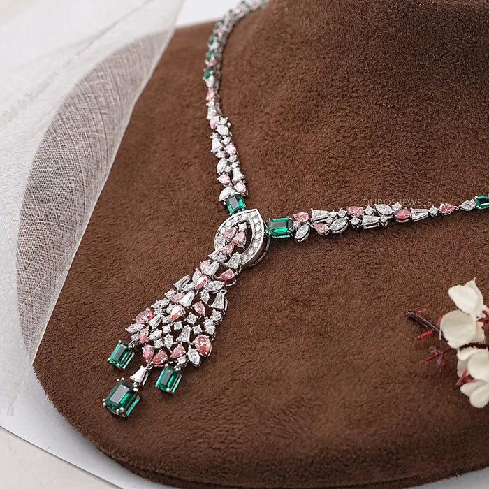 Pink Pear Diamond and Emerald Gemstone Bridal Necklace