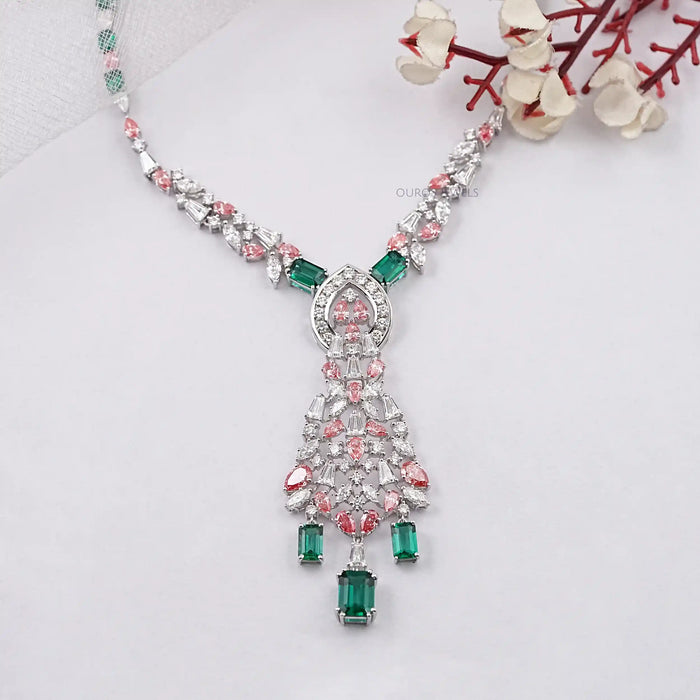 Pink Pear Diamond and Emerald Gemstone Bridal Necklace