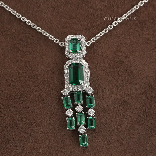 Green Emerald Halo Diamond Chandelier Necklace Set Necklaces