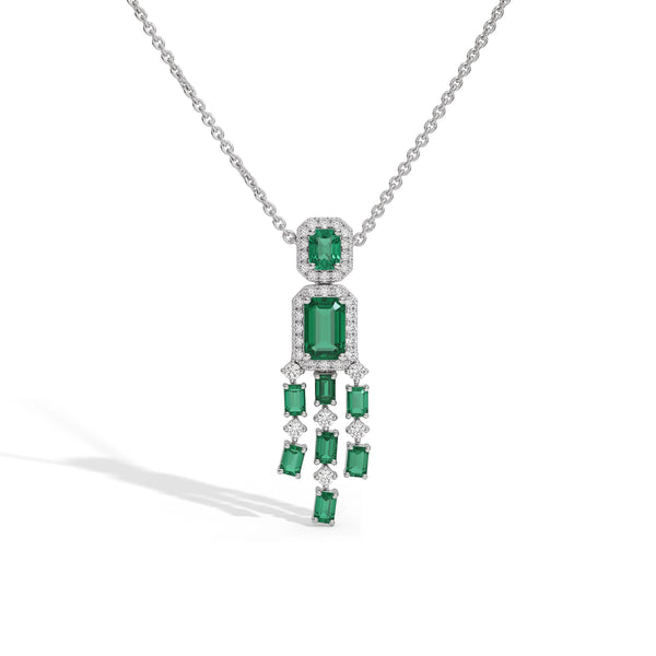 Green Emerald Halo Diamond Chandelier Necklace Set