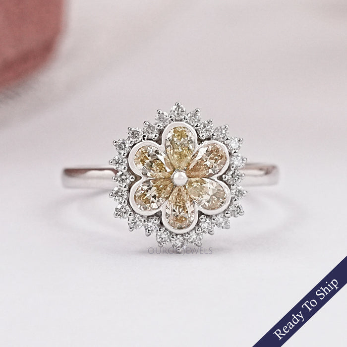 Yellow Pear Cut Lab Diamond Bezel Set Floral Style Halo Ring