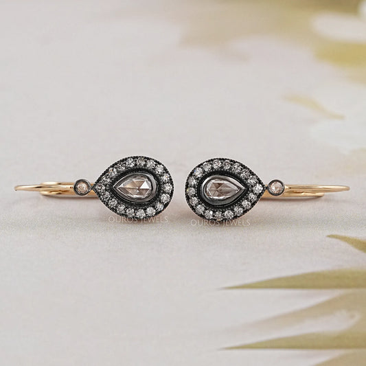 Rose Cut Pear Halo Diamond Dangle Earrings