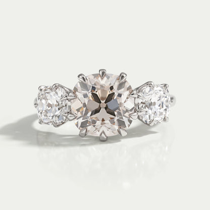 Tri Diamond Old Mine Cushion Cut Engagement Ring