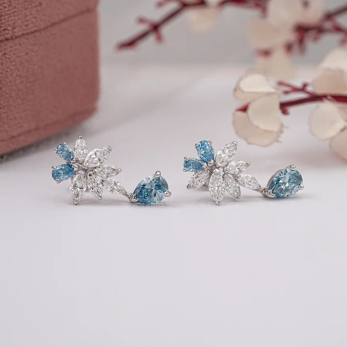 Fancy Blue Pear Diamond Cluster Drop Earrings
