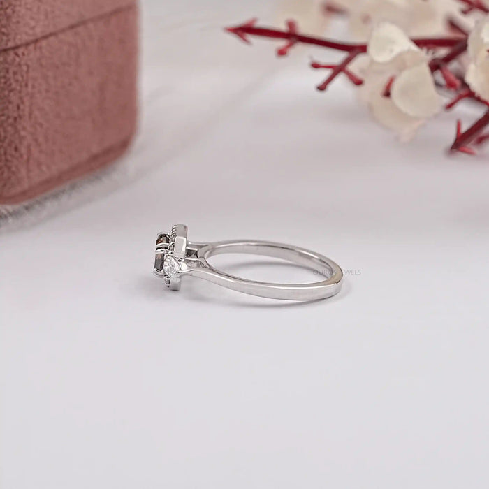 Brown Emerald Cut Lab Diamond Three Stone Halo Ring
