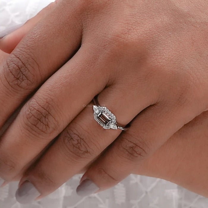 Brown Emerald Cut Lab Diamond Three Stone Halo Ring
