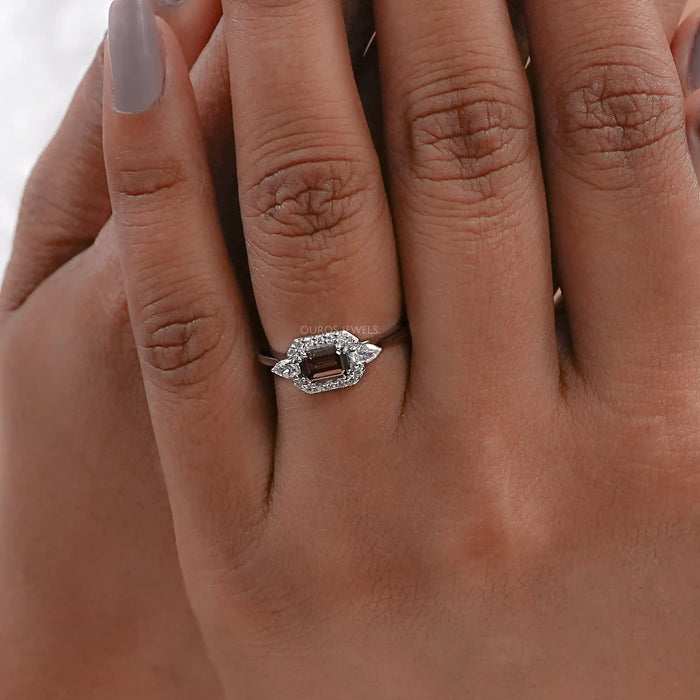 Brown Emerald Cut Lab Diamond Three Stone Halo Ring