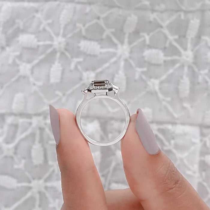 Brown Emerald Cut Lab Diamond Three Stone Halo Ring