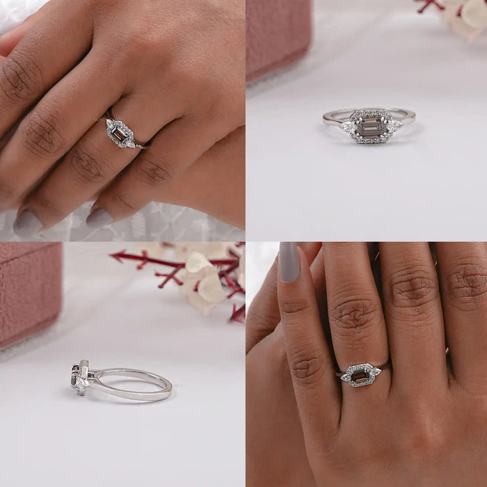 Brown Emerald Cut Lab Diamond Three Stone Halo Ring