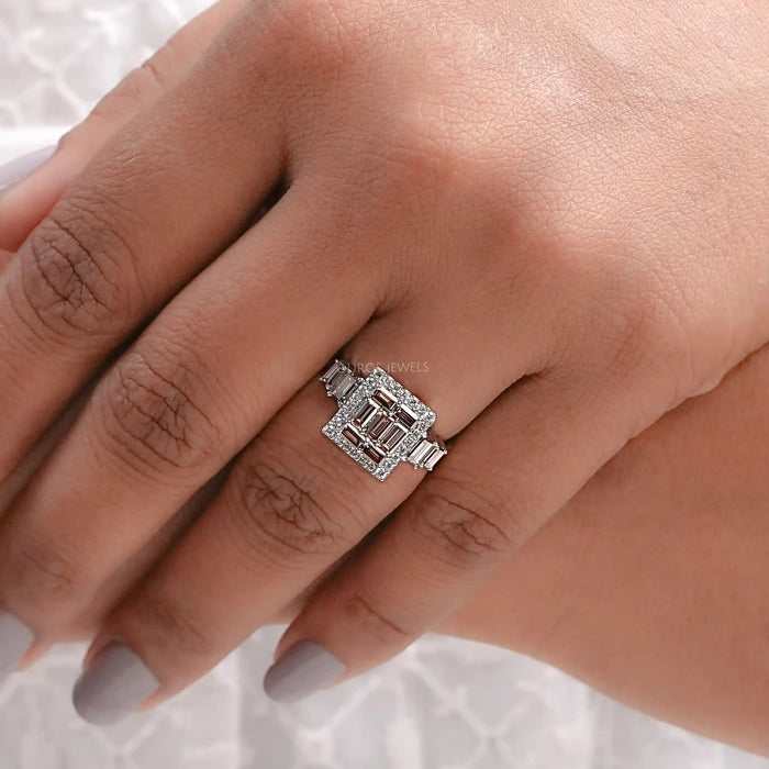 Fancy Brown Baguette Cut Lab Diamond Cluster Set Halo Ring