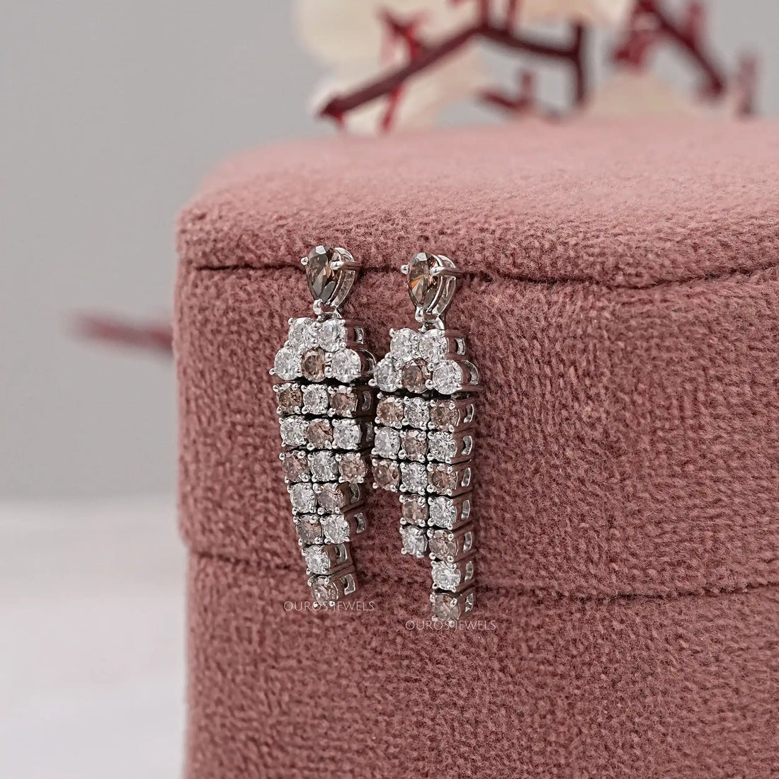 Brown Pear And Round Diamond Dangle Earrings Earrings