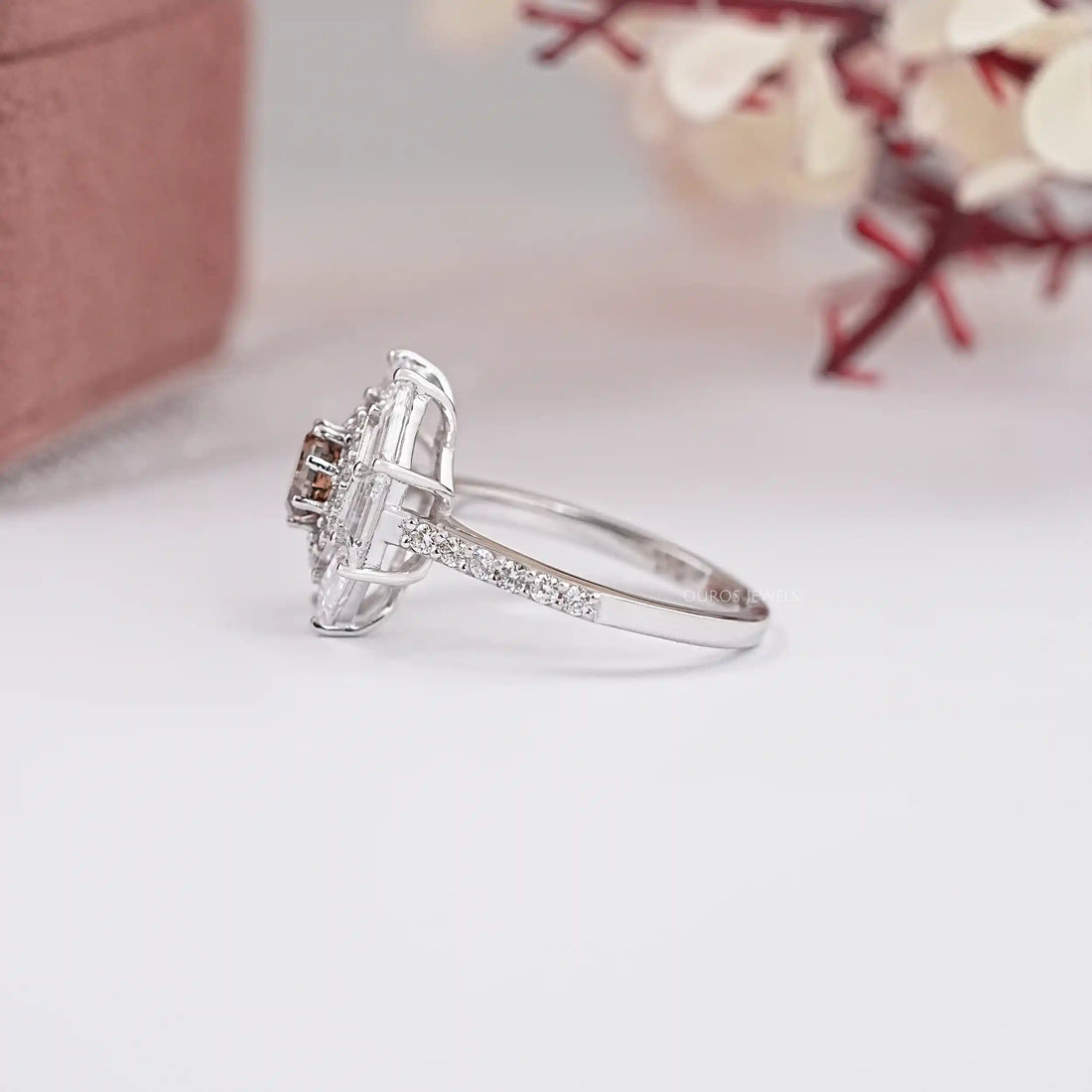 Fancy Brown Octagon Cut Lab Diamond Double Halo Ring Ring