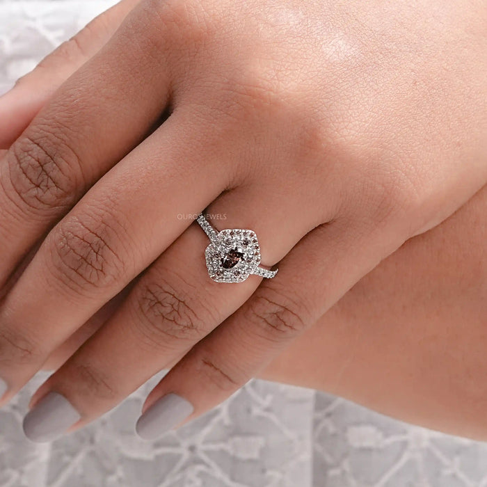 Fancy Brown Oval Cut Lab Diamond Double Halo Ring
