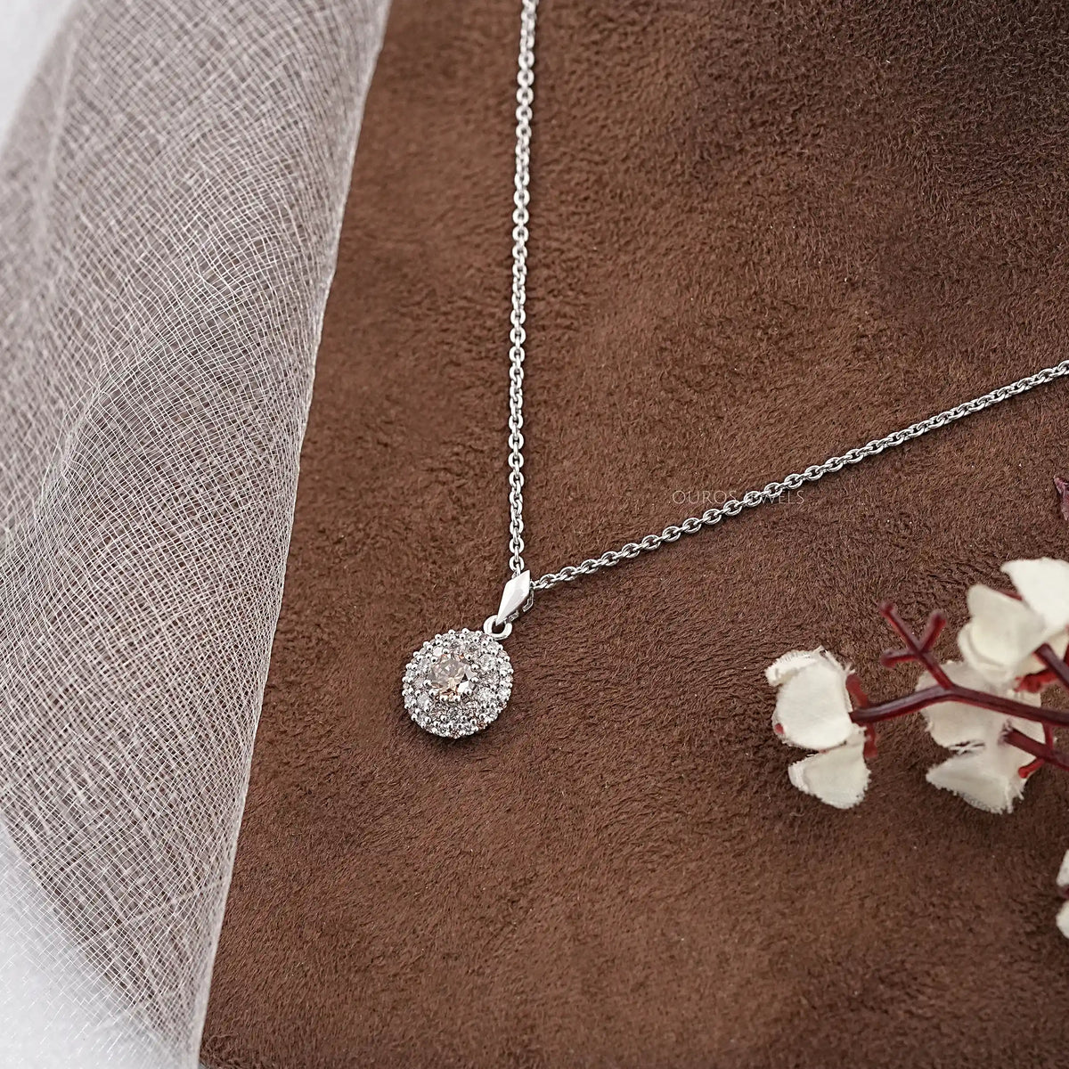 Brown Round Diamond Double Halo Pendant Necklaces