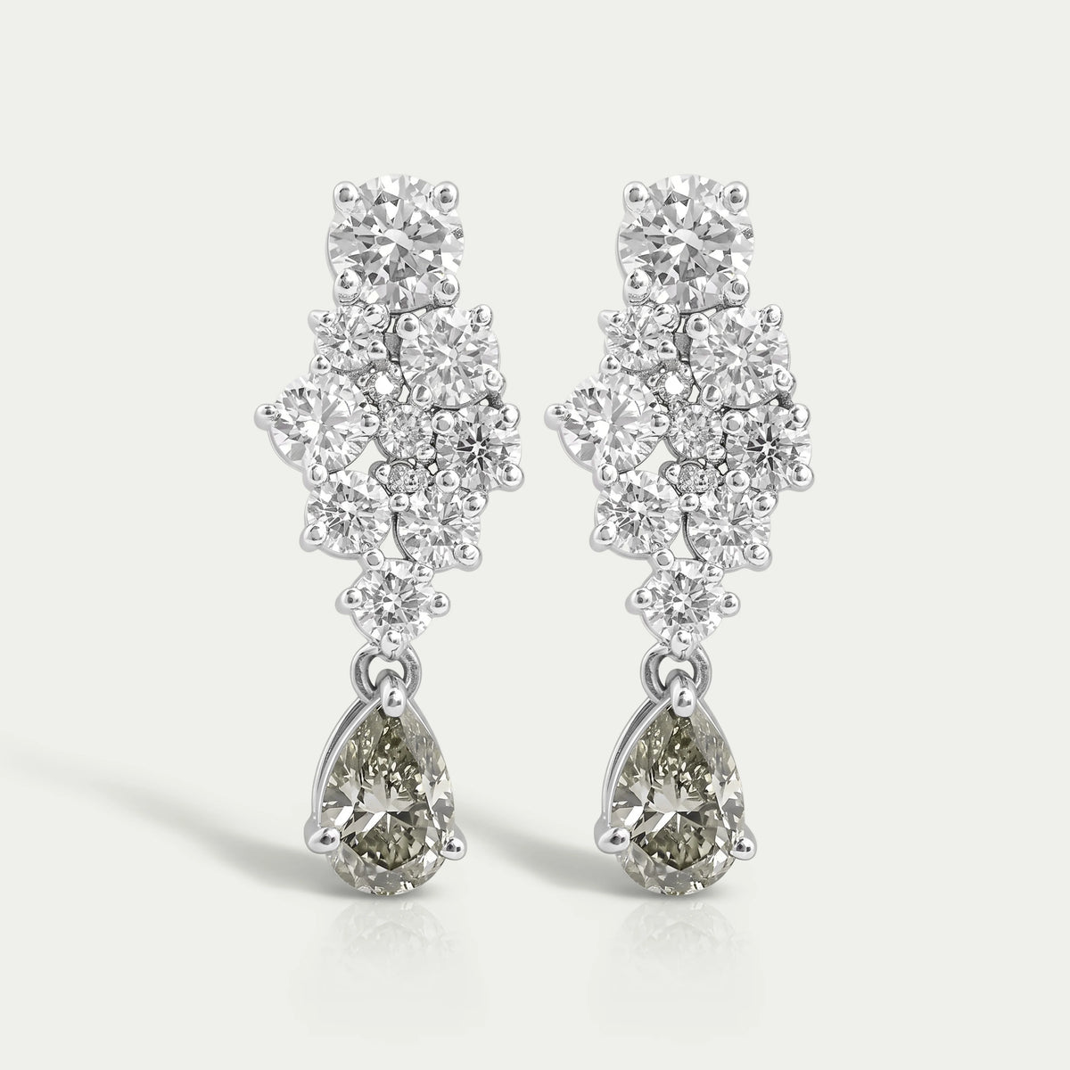 Diamond Cluster & Olive Pear Drop Dangle Earrings 