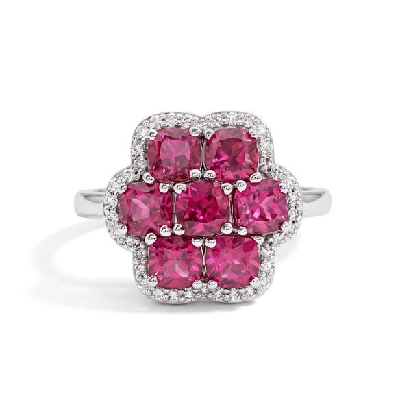 Red Ruby Cushion & Diamond Flower Halo Ring