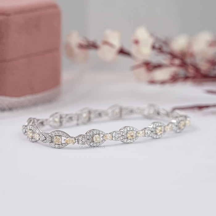 Yellow Cushion Lab Diamond Halo Link Tennis Bracelet