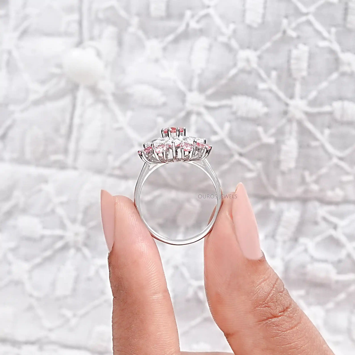 Pink Round Diamond Floral Style Cluster Ring Ring