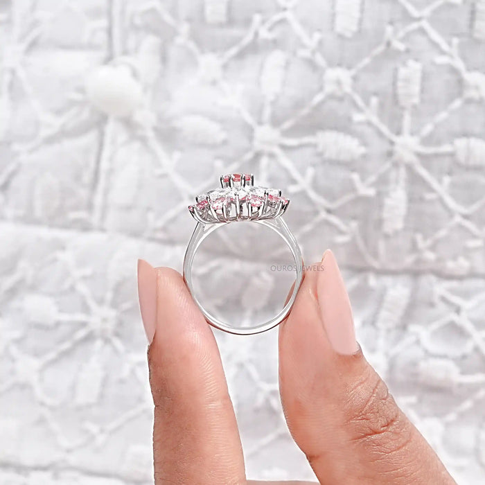 Pink Round Diamond Floral Style Cluster Ring