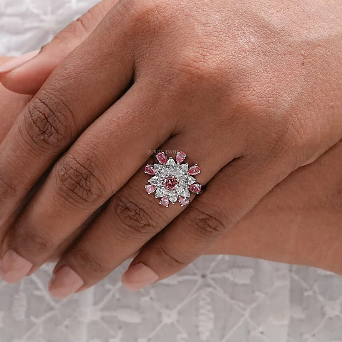 Pink Round Diamond Floral Style Cluster Ring