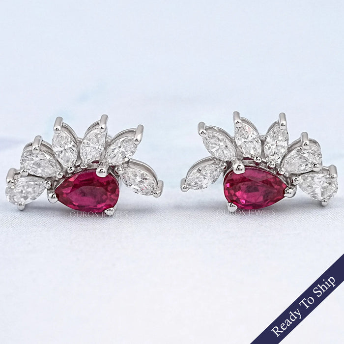 Pear Ruby Gemstone And Marquise Diamond Earrings 