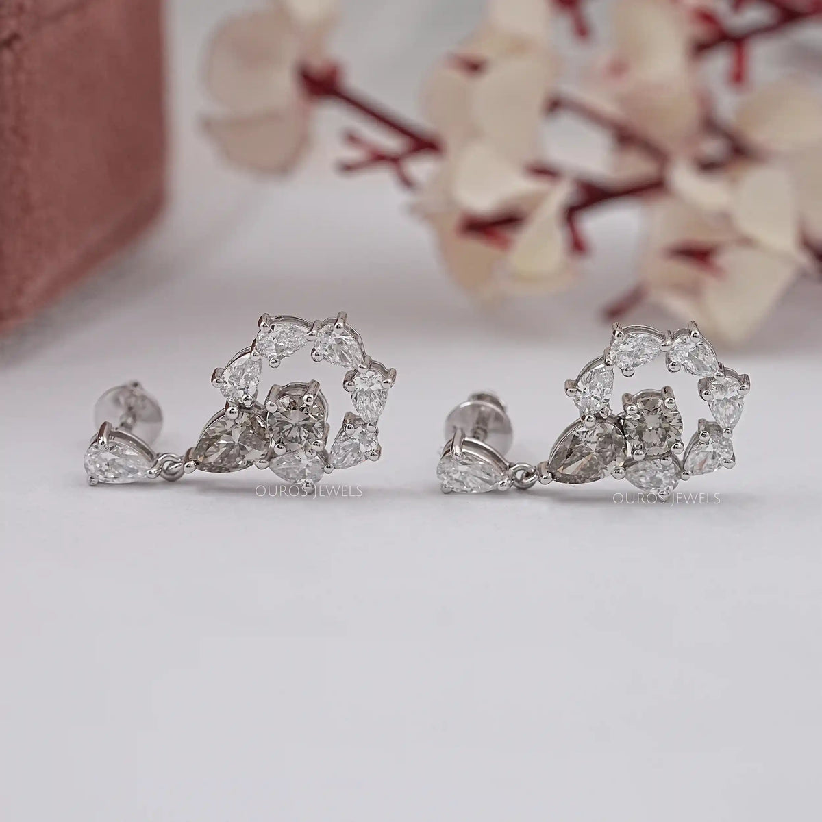 Olive Pear Diamond And Round Halo Drop Earrings Earrings